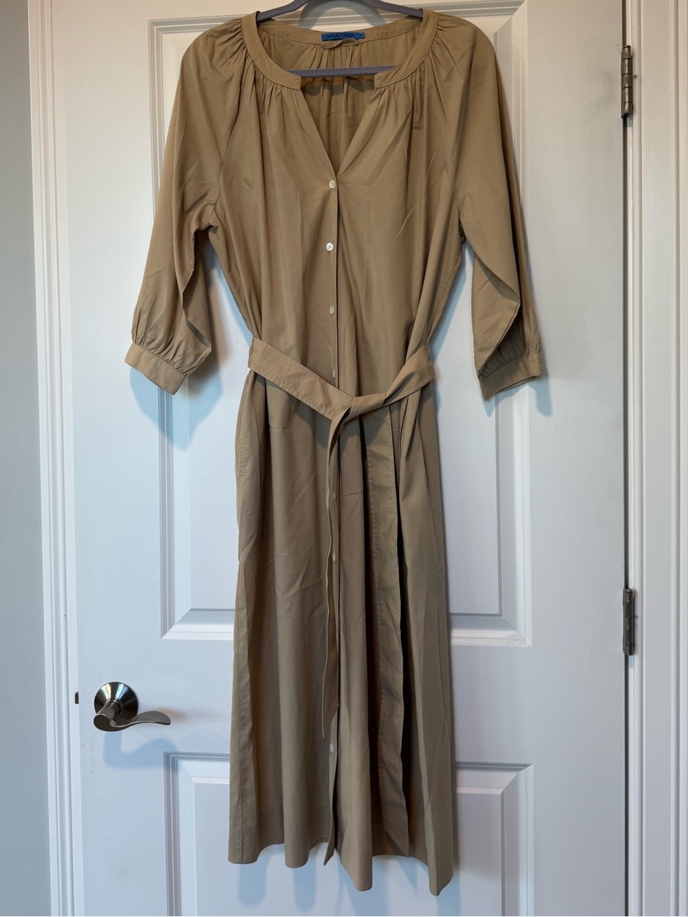 J. McLaughlin Camel Button-Front Dress with Tie Waist
